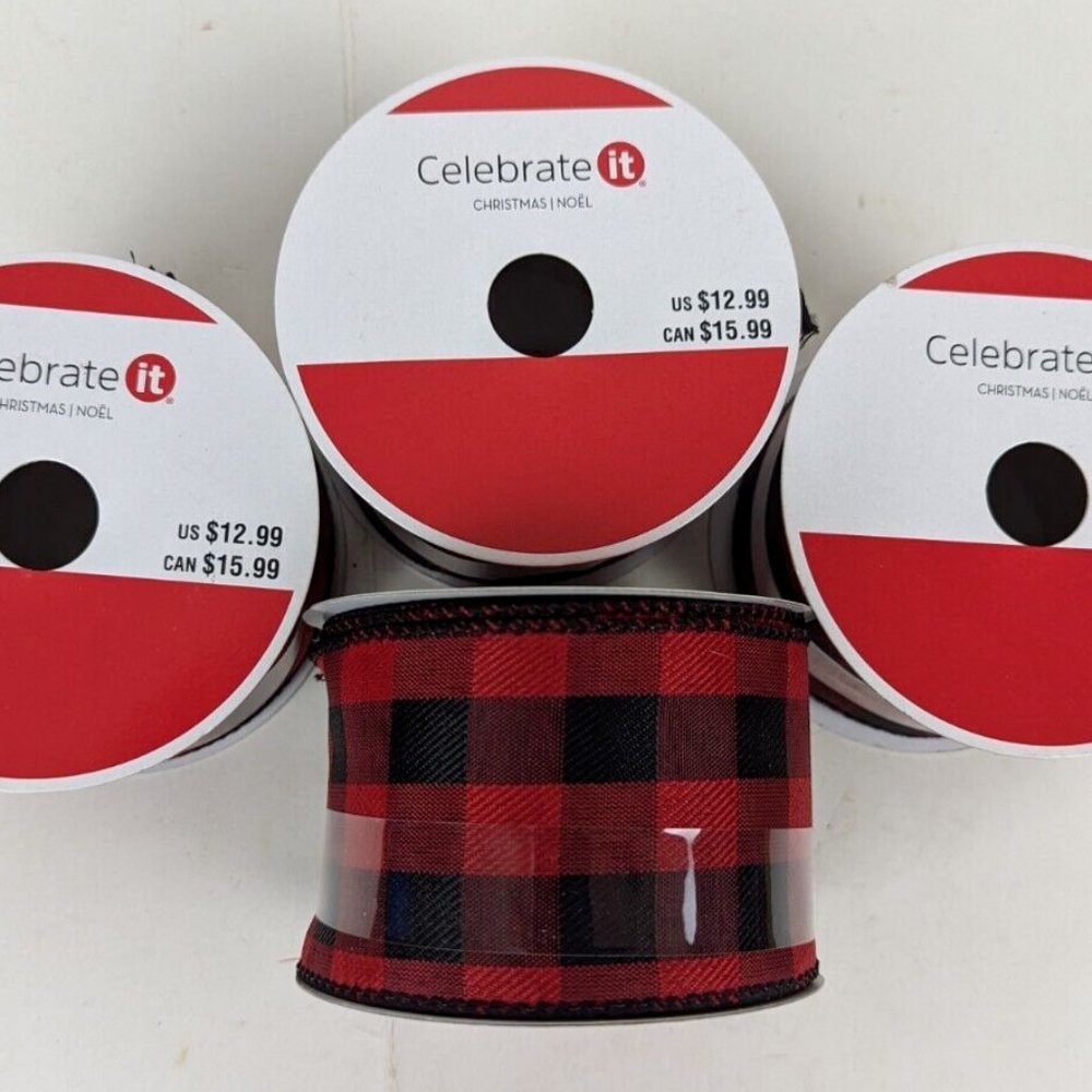 Red Black Buffalo‎ Plaid Wired Holiday Crafting Ribbon 2 1/2 x 20 ft Lot of 4